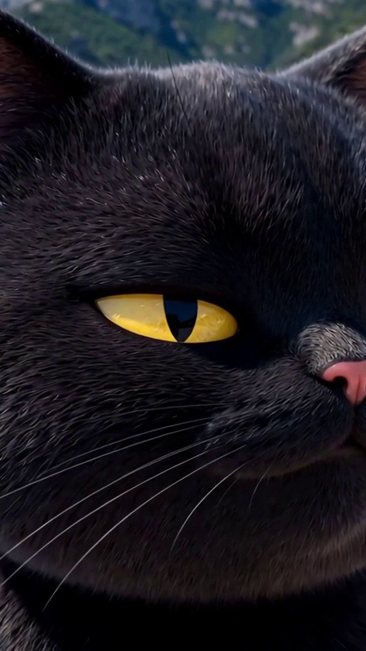 Extreme close up of Mochi's face, one entirely yellow eye mid glare