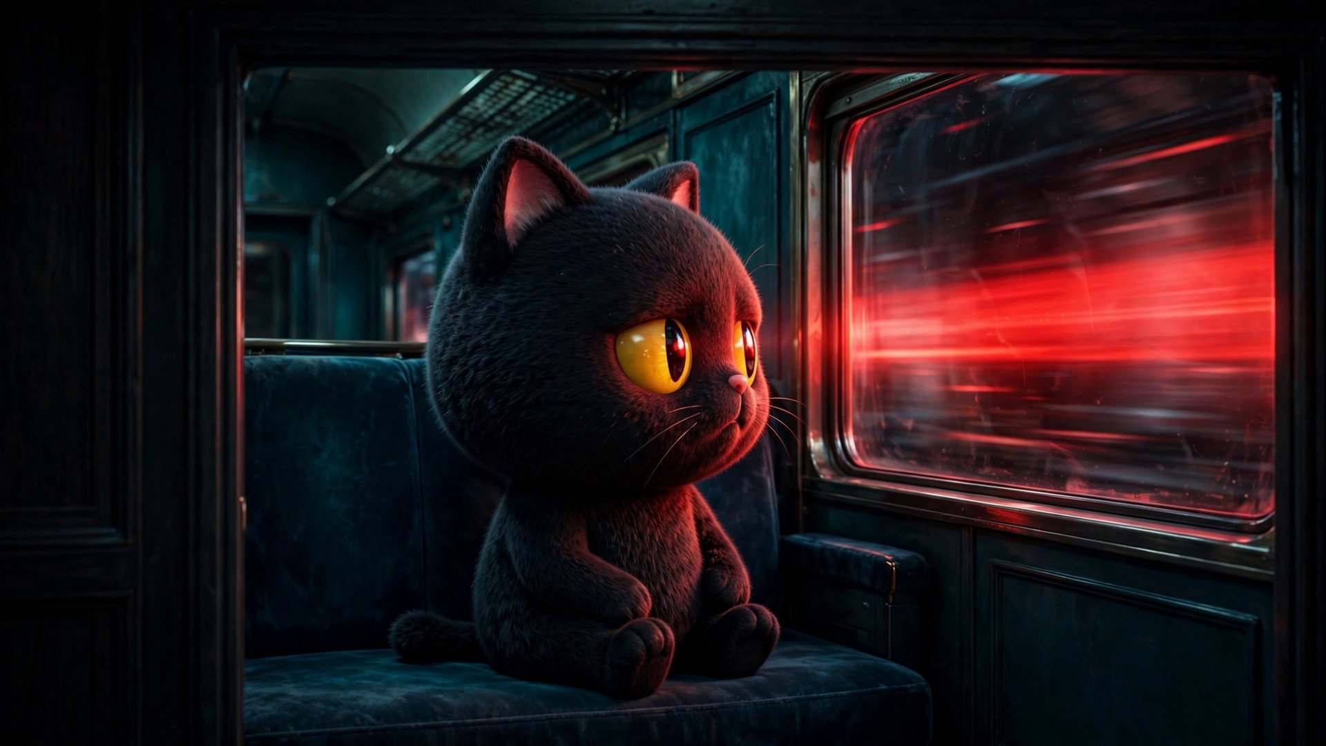 Mochi on a night train, red tunnel light streaking past the window