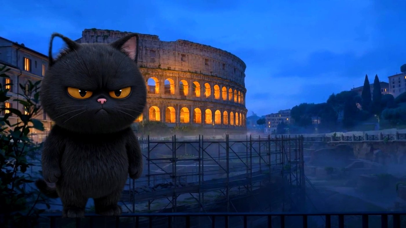 Mochi glaring in front of the Colosseum at dusk