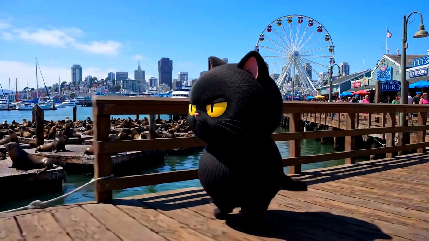 Mochi strutting past the sea lions at Pier 39, San Francisco skyline behind him