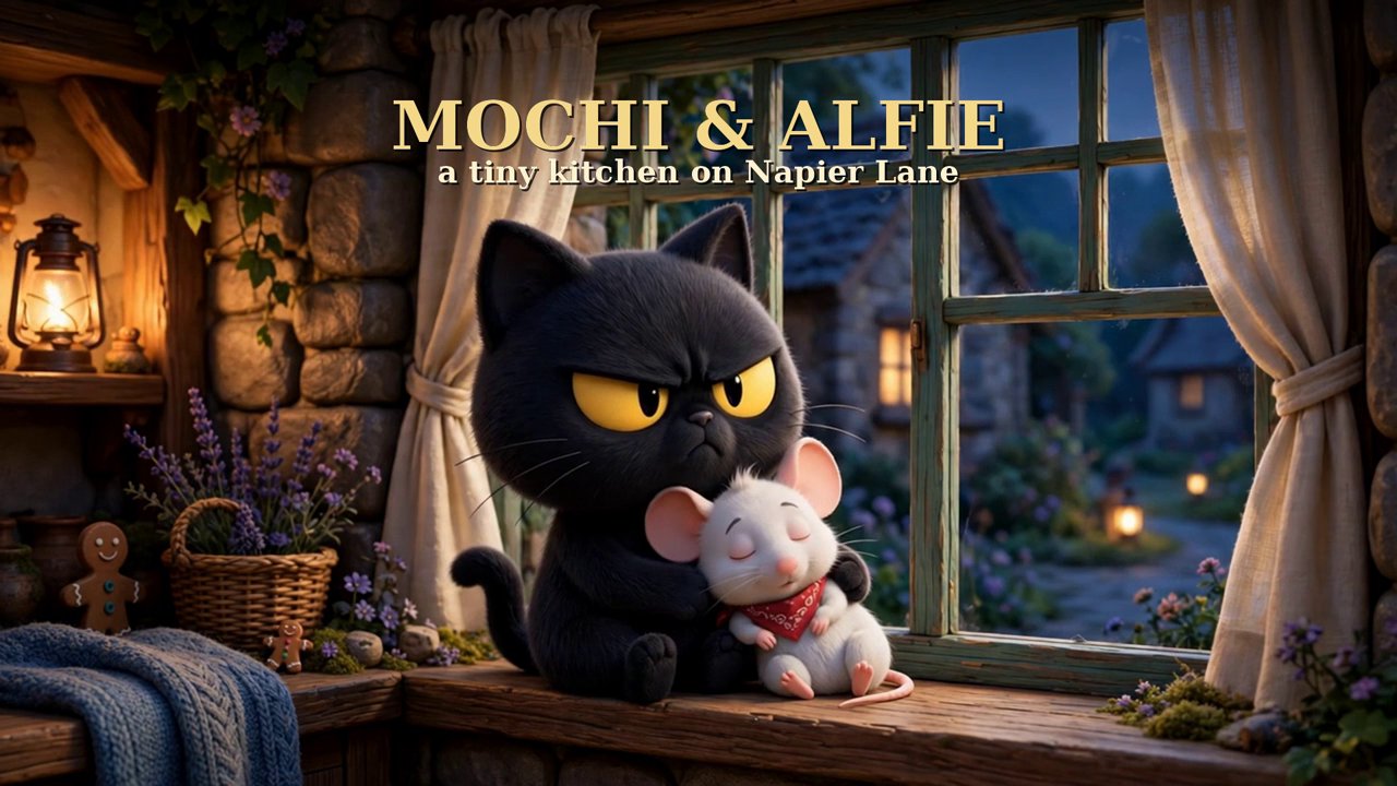 Mochi hugging Alfie the mouse at a cottage window, title plate for Mochi and Alfie